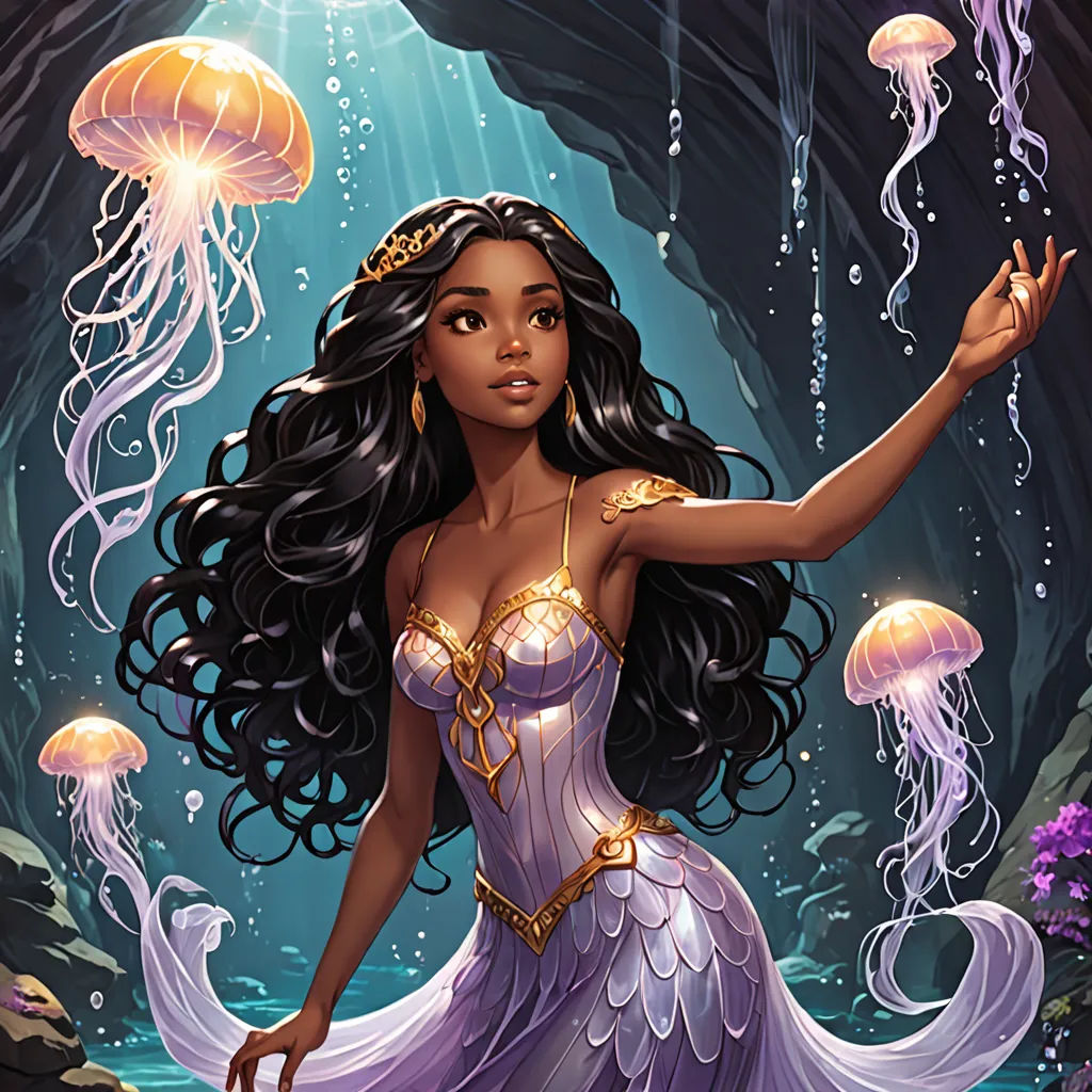 a beautiful woman in a purple dress holding a jellyfish in her hand and jelly fish floating in the water, Anna Dittmann, fantasy art, a storybook illustration, jellyfish