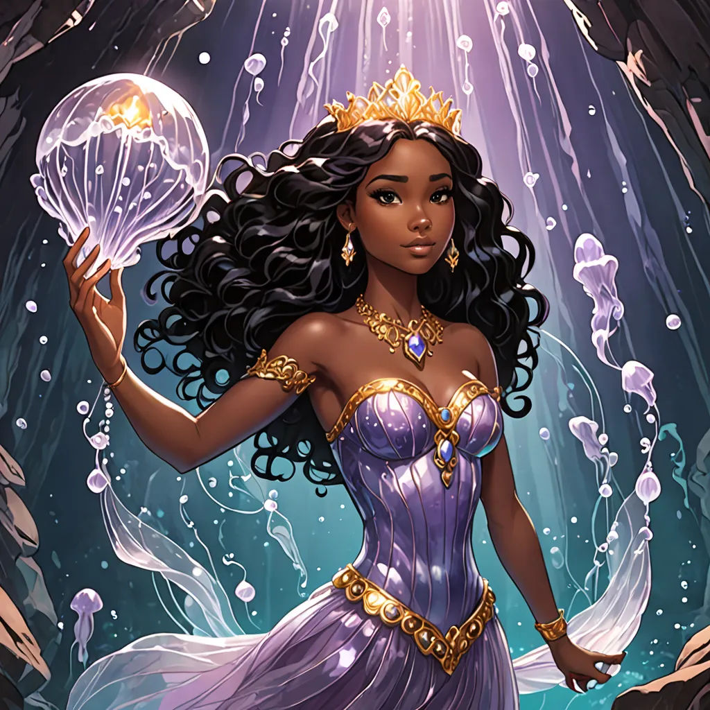 a beautiful young woman holding a crystal ball in her hand in a underwater scene with jelly and rocks in the background, Artgerm, fantasy art, concept art, kinkade