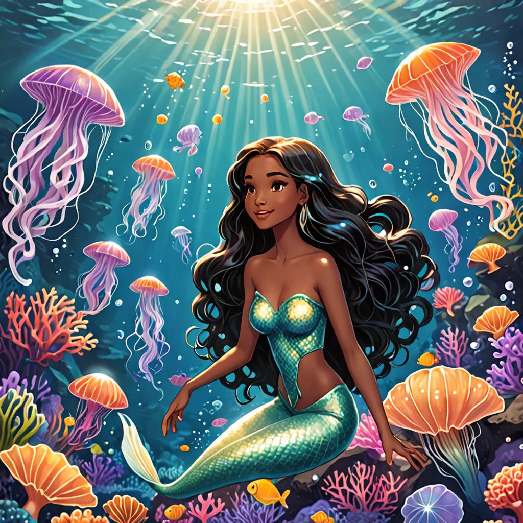 a mermaid sitting on the bottom of a sea floor with jellyfishs and jellyfishs around her, Cliff Childs, fantasy art, poster art, rossdraws global illumination