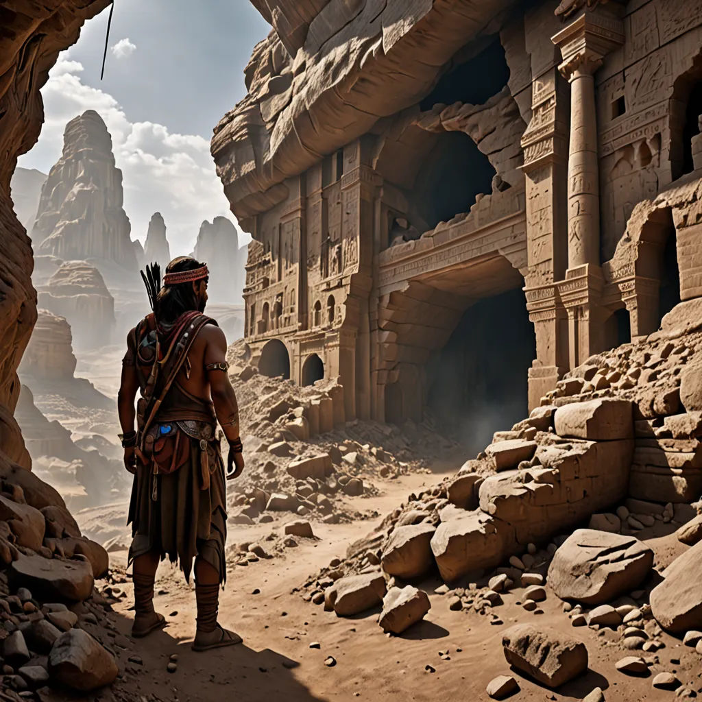 a man in a cave with a desert landscape in the background and a mountain range in the distance with rocks and boulders, photorealism, a detailed matte painting, Amir Zand, unreal engine 4k