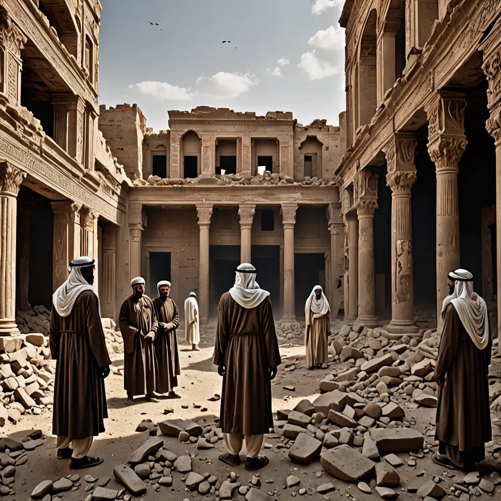 a group of people standing in a large building with rubble on the ground and a sky background with clouds, stuckism, a detailed matte painting, Dirck de Bray, orientalism