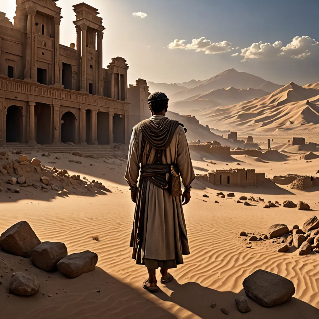 a man in a desert setting with a building in the background and a desert landscape with rocks and boulders, fantasy art, a detailed matte painting, Cedric Seaut (Keos Masons), cinematic matte painting
