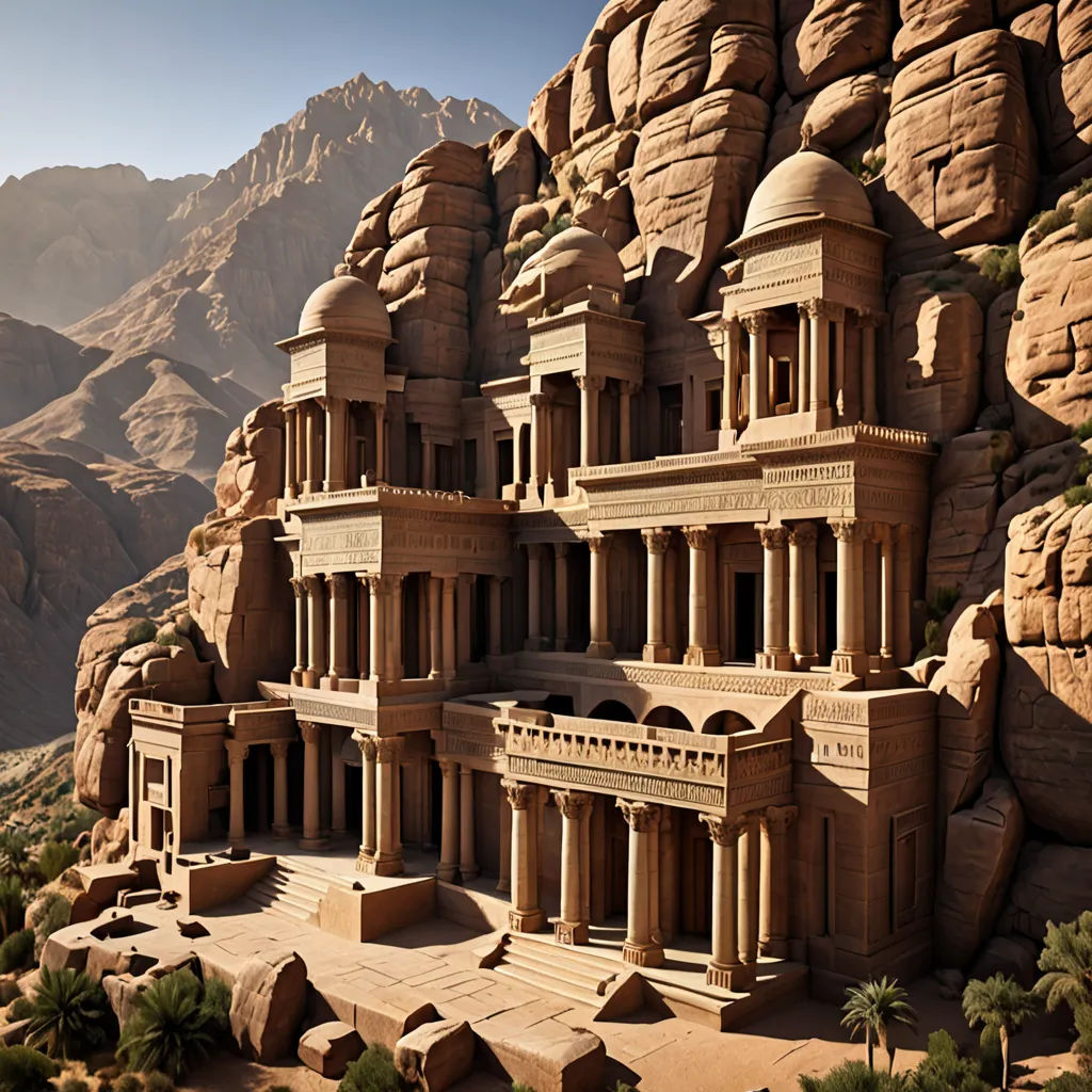 a large building with a massive mountain in the background and a desert landscape in the foreground with palm trees and rocks, photorealism, a detailed matte painting, Chris LaBrooy, unreal engine render