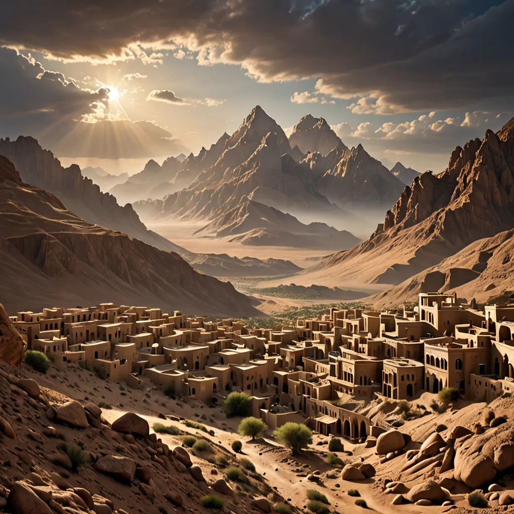 a desert village in the middle of a mountain range with a sun shining through the clouds above it and mountains in the distance, art photography, a detailed matte painting, Amir Zand, matte painting