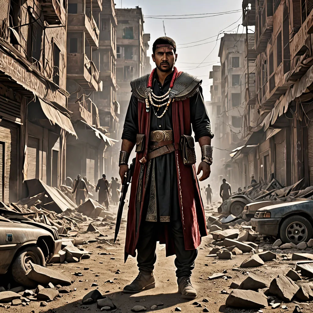 a man in a red and black outfit standing in a destroyed street with a gun in his hand and a car in the background, antipodeans, a detailed matte painting, Altoon Sultan, orientalism