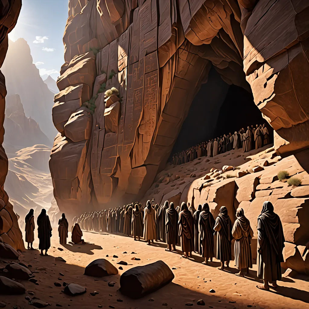 a group of people standing in a cave with mountains in the background and a sky background with clouds and sun, incoherents, a detailed matte painting, Christophe Vacher, cinematic matte painting