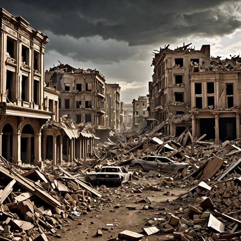 a destroyed building with a car in the middle of it and a sky filled with clouds above it and a car in the middle of the rubble, neoplasticism, a detailed matte painting, Dirk Crabeth, post apocalyptic