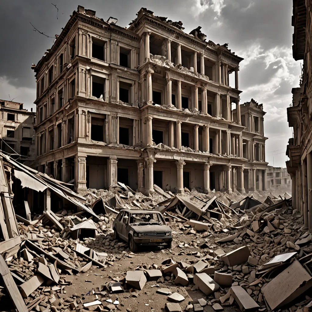 a destroyed building with a car in the middle of it and a sky background with clouds in the sky, neoplasticism, a detailed matte painting, Dirk Crabeth, matte painting concept art