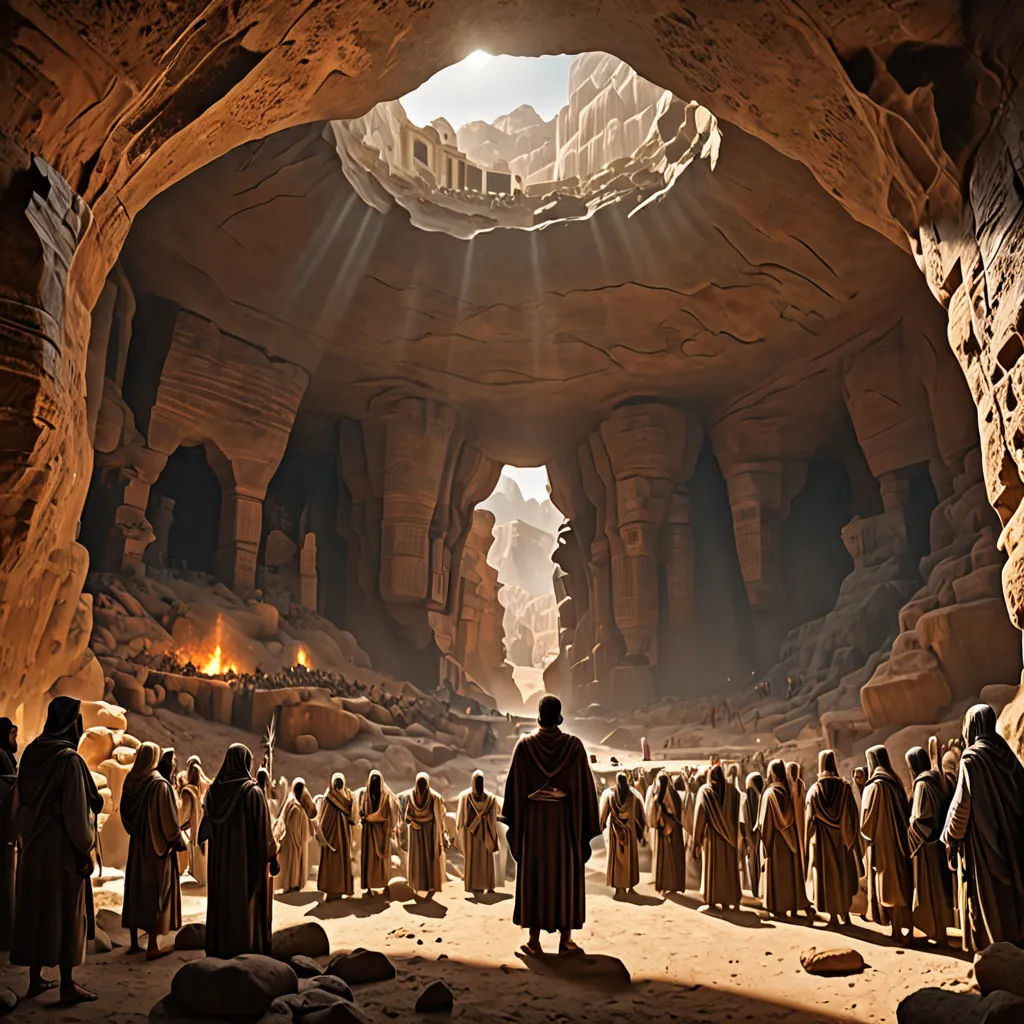 a group of people standing in a cave with a light shining on them and a man standing in the middle of the cave, incoherents, a detailed matte painting, Christophe Vacher, cinematic matte painting