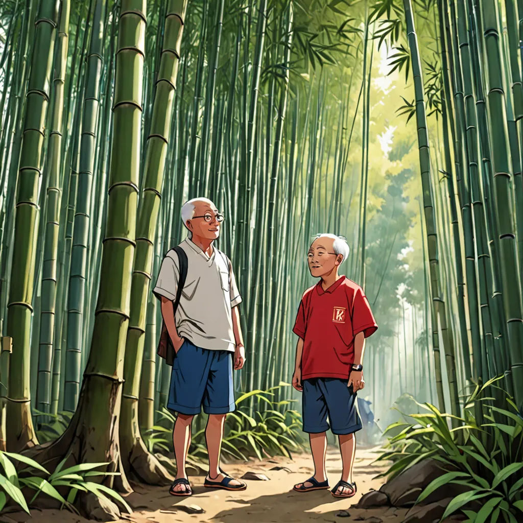 a painting of two people standing in front of a bamboo tree forest with a man in a red shirt, ukiyo-e, a storybook illustration, Asaf Hanuka, official art