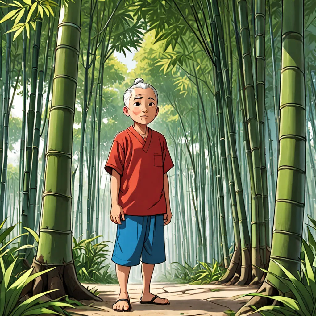 a boy standing in a bamboo forest with tall trees in the background and a path leading to him with a red shirt on, cloisonnism, a character portrait, Akira Toriyama, official art