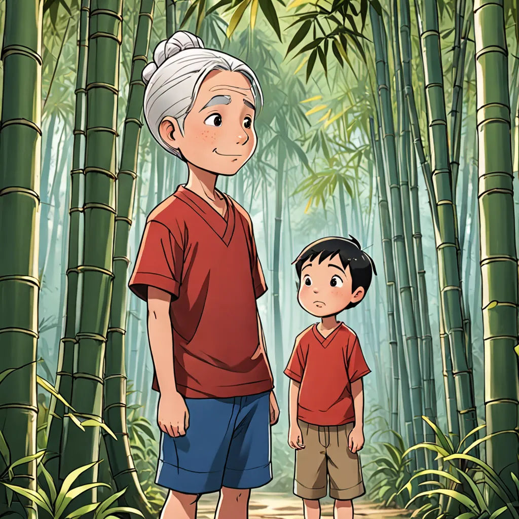 a man and a boy standing in front of a bamboo forest with bamboo trees in the background and a man in red shirt and shorts, ukiyo-e, a storybook illustration, Anne Said, promotional image