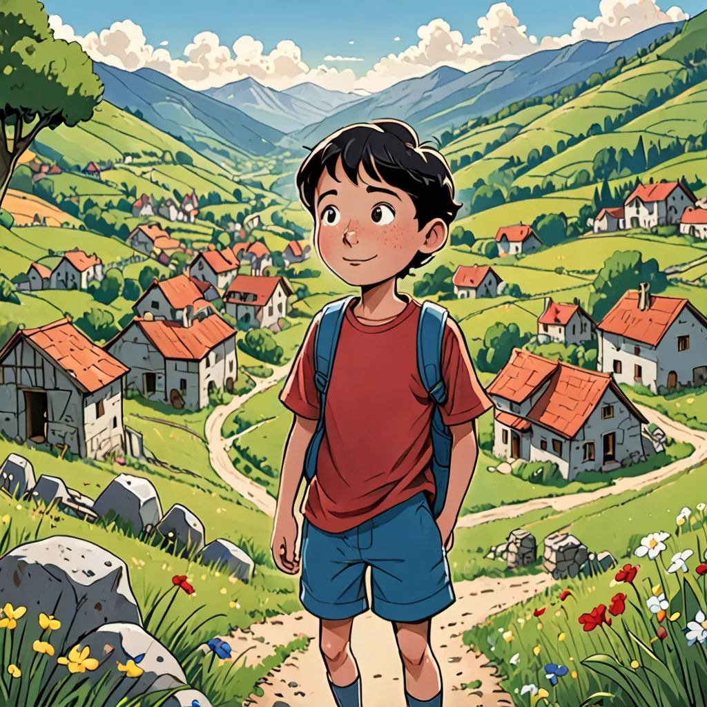 a boy standing in a field with a village in the background and a road leading to the village and a hill, regionalism, a storybook illustration, Asaf Hanuka, official art