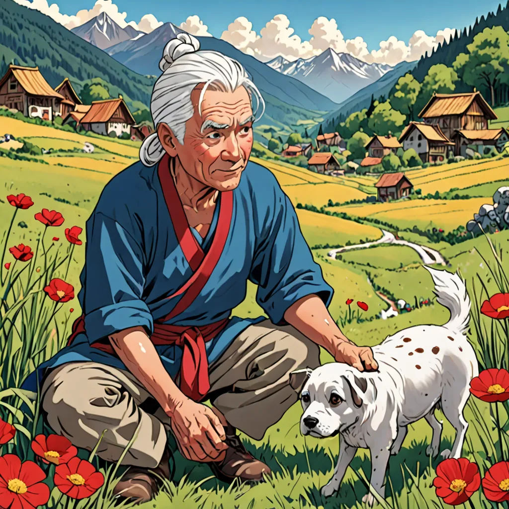 a man kneeling down next to a dog on a field of flowers with a village in the background and a dog on the ground, naive art, a storybook illustration, Andrey Esionov, official art