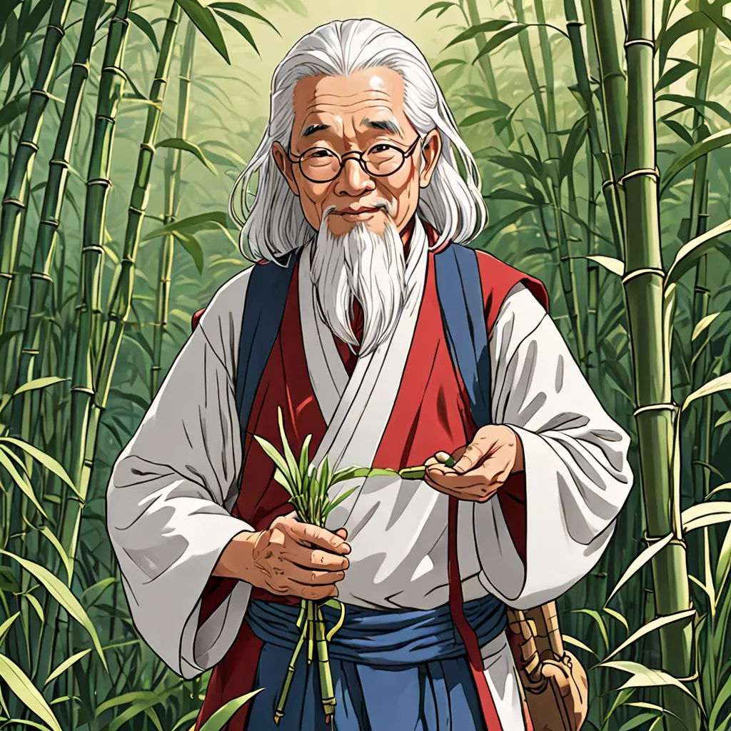 a man holding a plant in front of a bamboo forest with bamboo stalks in the background and a bamboo plant in the foreground, ukiyo-e, a character portrait, Byeon Sang-byeok, yukito kishiro