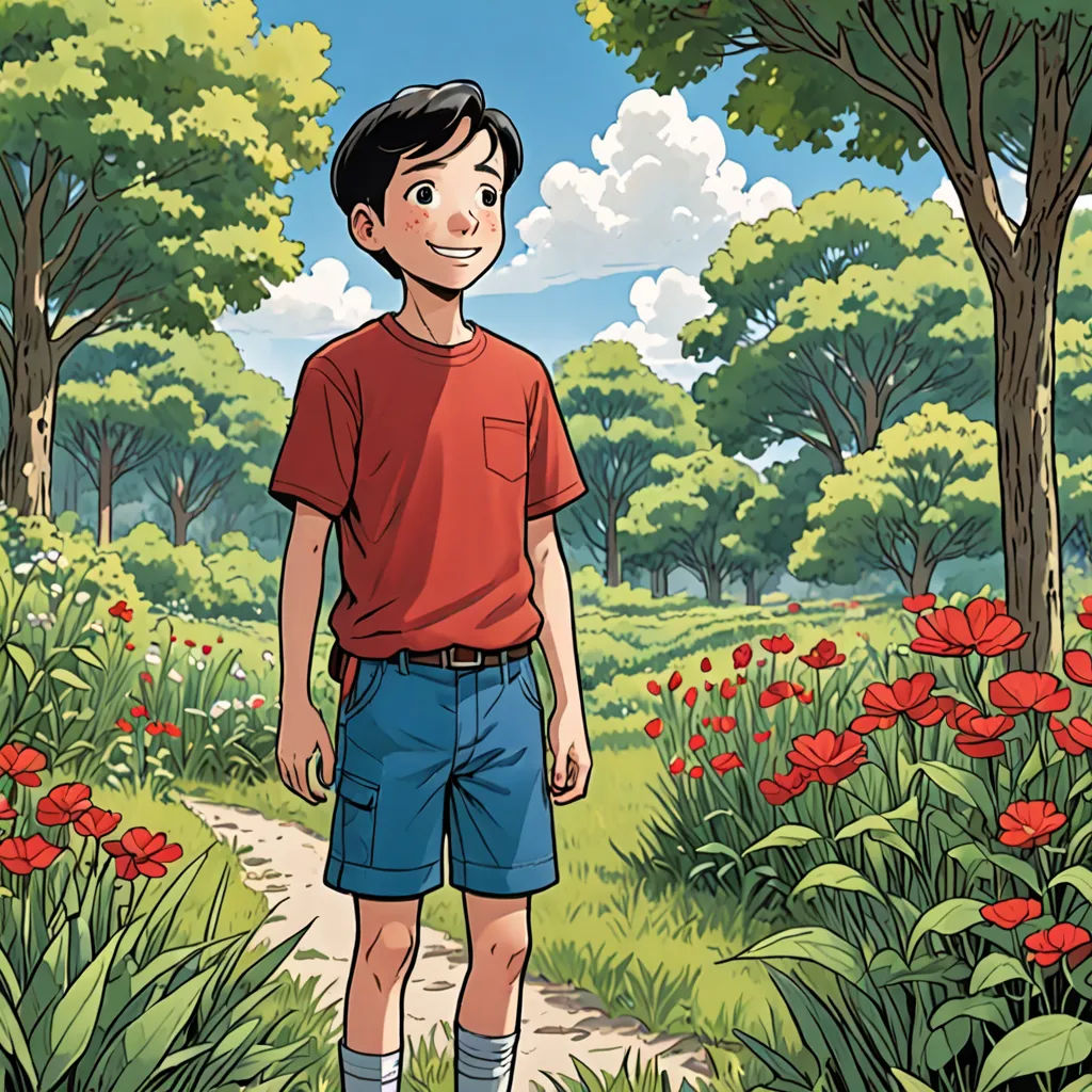 a boy standing in a field of flowers and trees with a red shirt on and a red shirt on, environmental art, a comic book panel, Asaf Hanuka, yukito kishiro