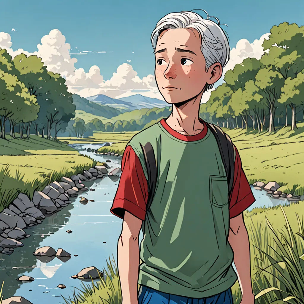 a man standing in front of a river in a field with rocks and grass on the ground and a mountain in the background, environmental art, a comic book panel, Cliff Childs, yukito kishiro