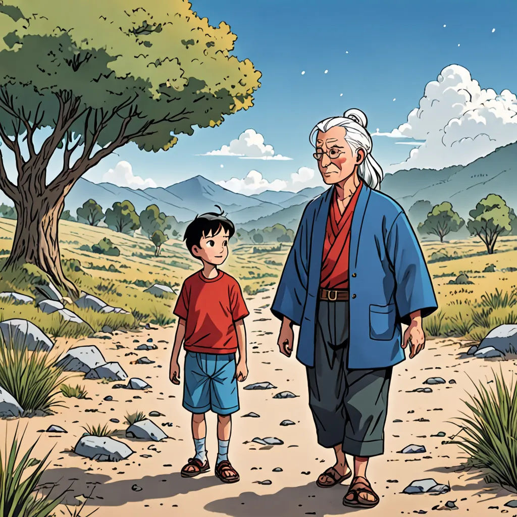 a man and a boy walking down a dirt road in the woods with a tree in the background and a mountain in the distance, ukiyo-e, a storybook illustration, Akira Toriyama, yukito kishiro