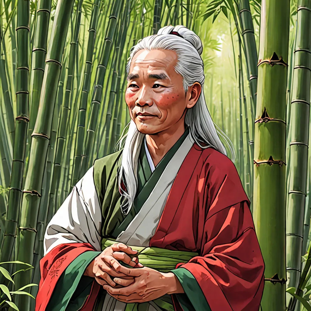 a painting of a man standing in front of a bamboo tree with his hands folded in front of his chest, figurative art, a character portrait, Emperor Huizong of Song, highly detailed digital painting