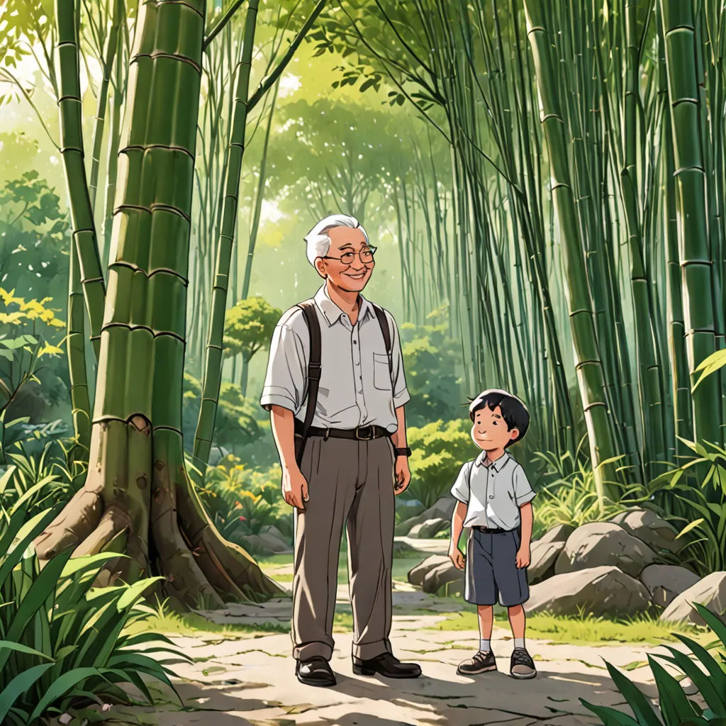 a man and a boy standing in front of a bamboo tree forest with a path between them and rocks, ukiyo-e, poster art, Aaron Jasinski, official art