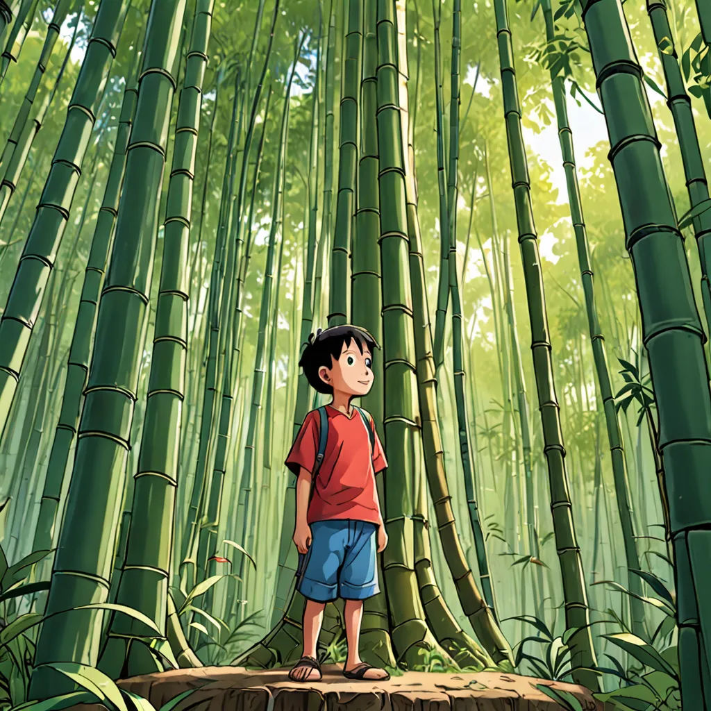 a boy standing in front of a bamboo tree in a forest of tall green bamboos, with a red shirt on, context art, a storybook illustration, Diego Gisbert Llorens, official art