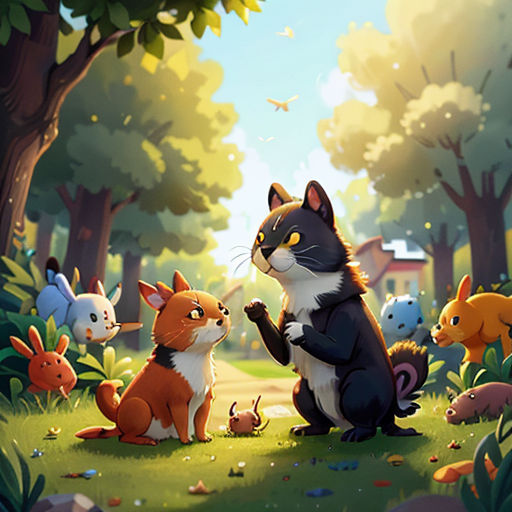 a painting of a cat and a dog in a forest with other animals around it, with a house in the background