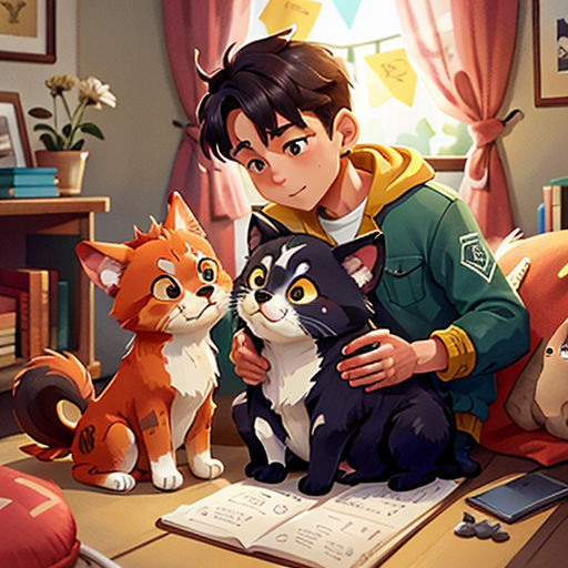 a boy sitting on a desk with two cats and a cat sitting on a book next to him and a cat sitting on a pillow
