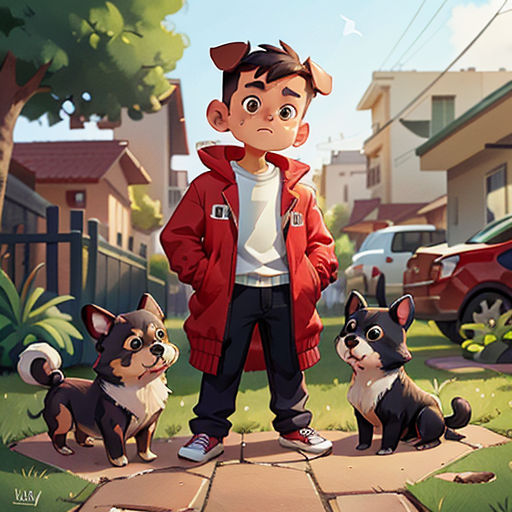 a boy standing in front of a group of dogs on a sidewalk in a neighborhood with houses and cars