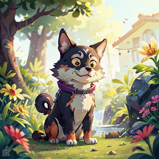 a cat sitting in the middle of a forest with flowers and trees around it, looking at the camera
