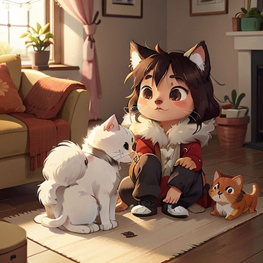 a girl sitting on the floor with two cats and a dog next to her, and a cat sitting on the floor