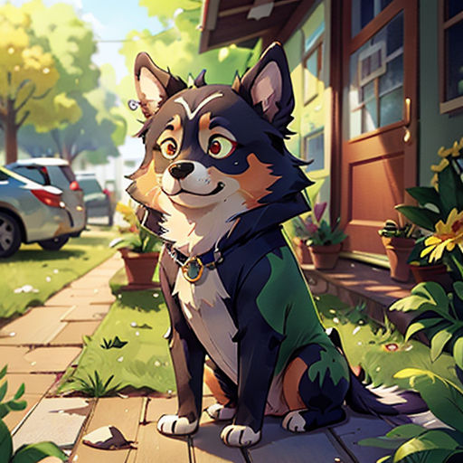 a dog sitting on a wooden walkway next to a house and a car parked in the driveway of a house