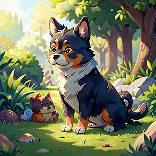 a dog sitting in the grass next to a forest with other animals and trees in the background, with a sky background