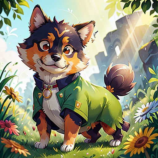 a dog in a green shirt standing in the grass with flowers around it and a city in the background