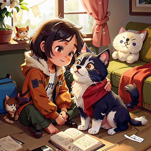 a girl sitting on the floor with a cat and a cat sitting on the floor next to her,