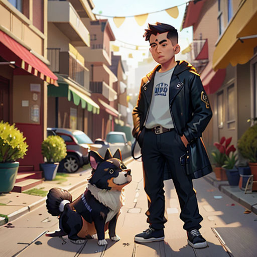 a boy standing next to a dog on a sidewalk in a city with buildings and a bunting line