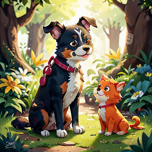 a dog and a cat sitting in the grass in front of trees and flowers, with a forest background