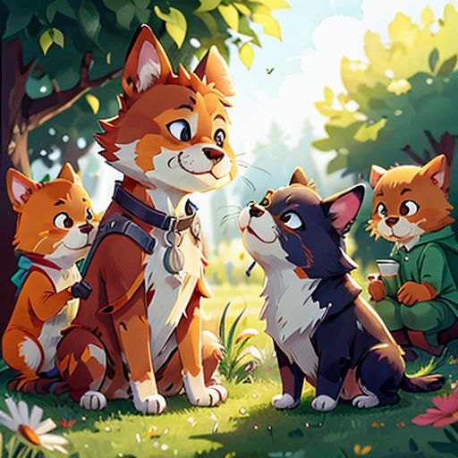 a group of cats sitting next to each other on a field of grass and flowers with trees in the background
