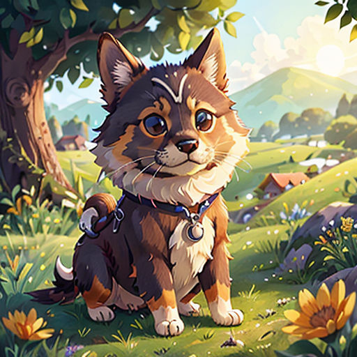 a cat sitting on top of a lush green field next to a tree and a forest filled with flowers