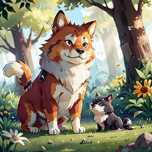 a dog and a cat are in the woods together, with a sunflower in the background and a forest full of flowers