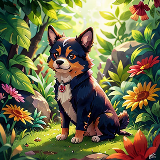 a dog sitting in the middle of a forest with flowers and plants around it, with a sunbeam in the background