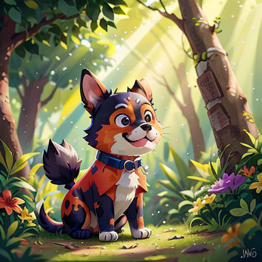 a cartoon fox sitting in the middle of a forest with a sunbeam in the background and a forest floor