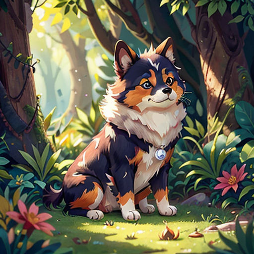 a dog sitting in the middle of a forest with flowers and trees around it, looking up at the sky