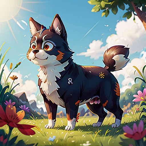 a cat standing in the grass with flowers around it and a sky background with clouds and sun shining behind it