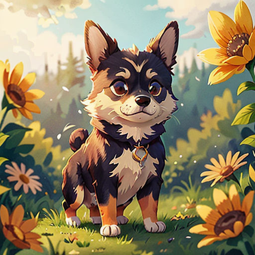 a small dog standing in a field of sunflowers with a sky background and clouds above it, with a dog looking up at the camera
