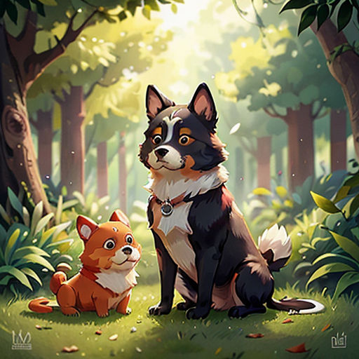 a dog and a fox sitting in the woods together, with a forest background and trees in the background