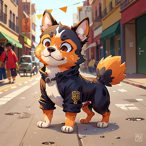 a cartoon dog is standing on a city street with people walking by in the background and a person walking down the street