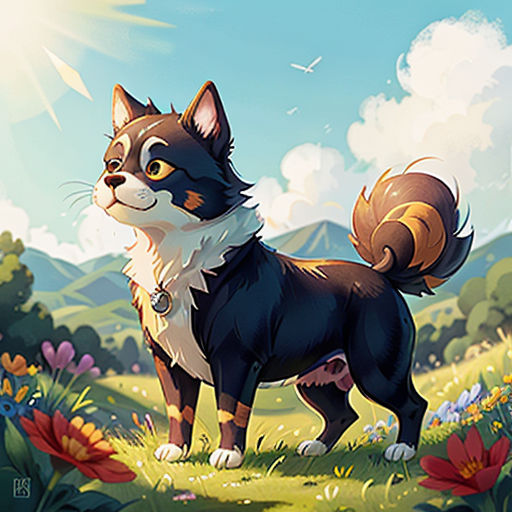 a cat standing in a field of flowers with a sky background and clouds above it, with a bird flying overhead