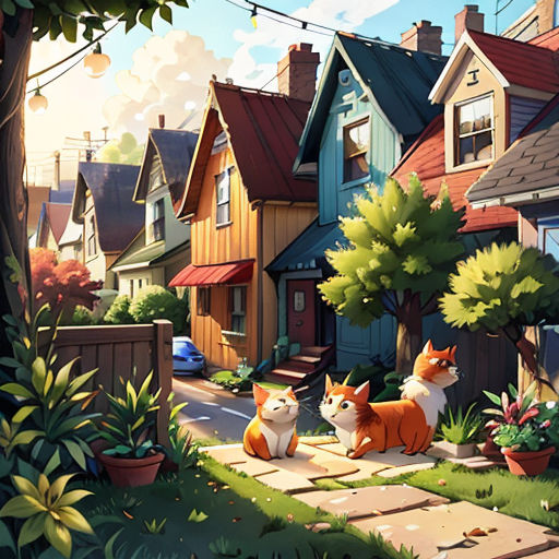 a painting of a street with houses and a cat sitting on the sidewalk in front of it, and a dog standing on the sidewalk in front of the street