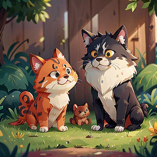 a cat and a kitten sitting in the grass near a fence and trees with a bird on it's shoulder