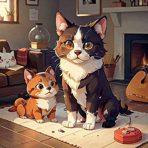 a cat and a dog sitting on a rug in a living room with a fireplace and a cat looking at the camera